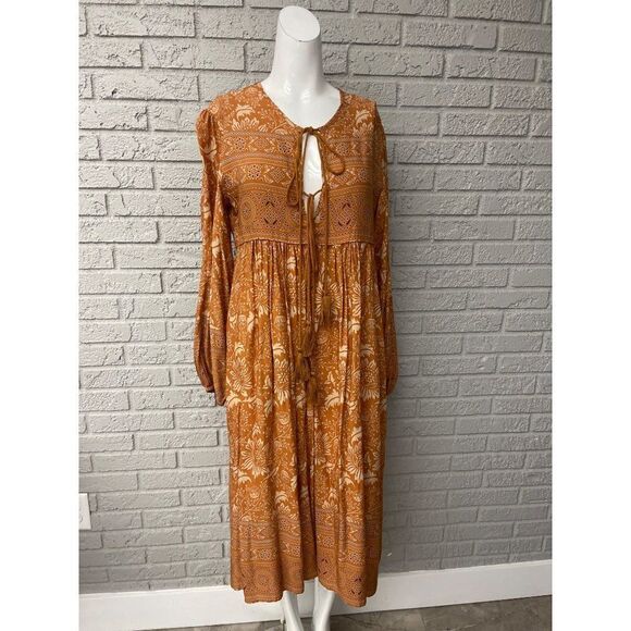 NWT R. Vivimos Boho Tie Front Tassel Balloon Sleeve Ankle Dress Size S - Picture 1 of 13
